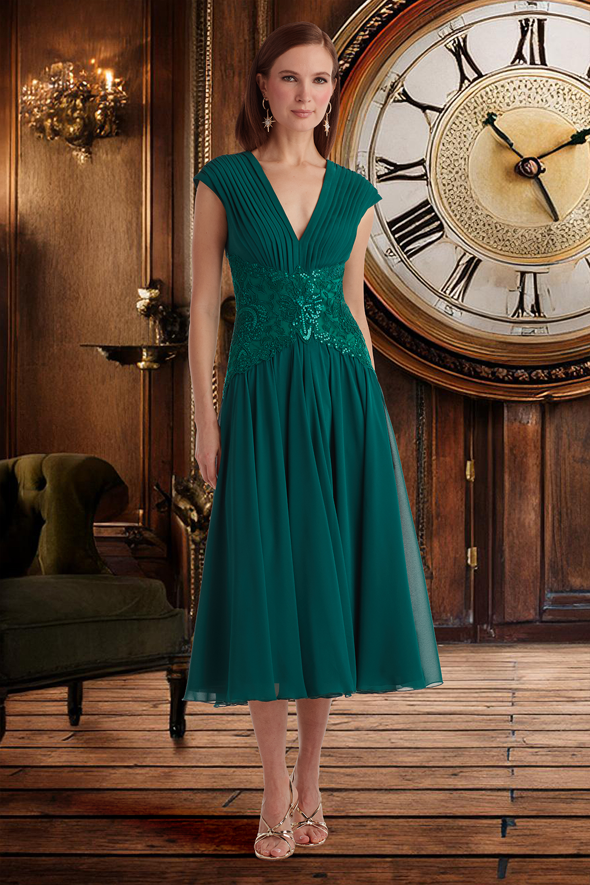 ELM GEORGETTE EXTENDED SLEEVE V-NECK MIDI DRESS WITH MOON PHASE PAILLETTE EMBROIDERED WAIST