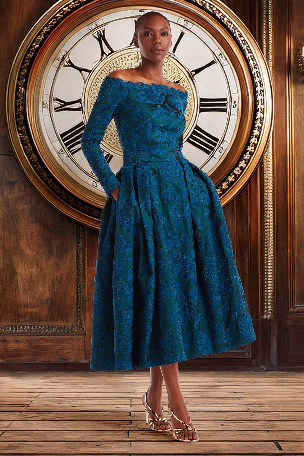 STARRY NIGHT ARCHIVAL EMBROIDERED TAFETTA OFF-THE-SHOULDER FULL SKIRT MIDI-DRESS