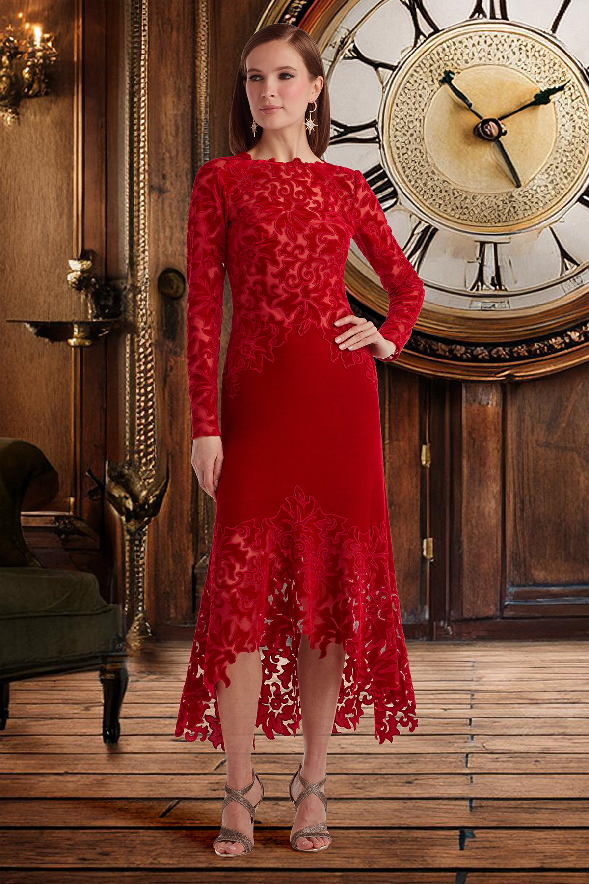 CHERRY ARCHIVAL LASER-CUT VELVET LONG SLEEVE HIGH-LOW MIDI-DRESS