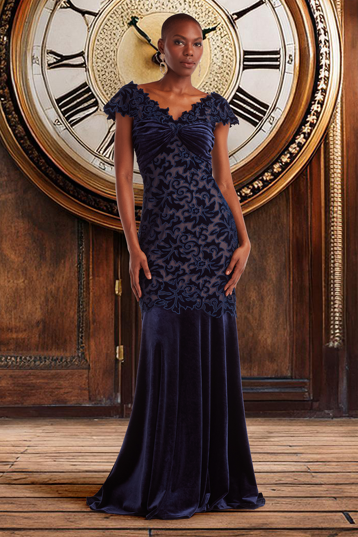 MIDNIGHT/NUDE ARCHIVAL LASER-CUT VELVET CAP-SLEEVE V-NECK GOWN