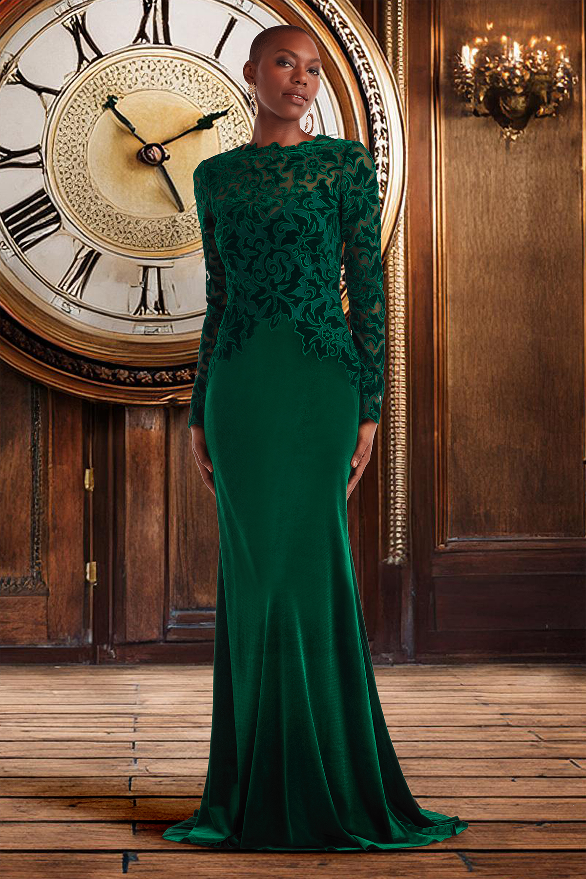 PINE ARCHIVAL LASER-CUT VELVET LONG SLEEVE GOWN
