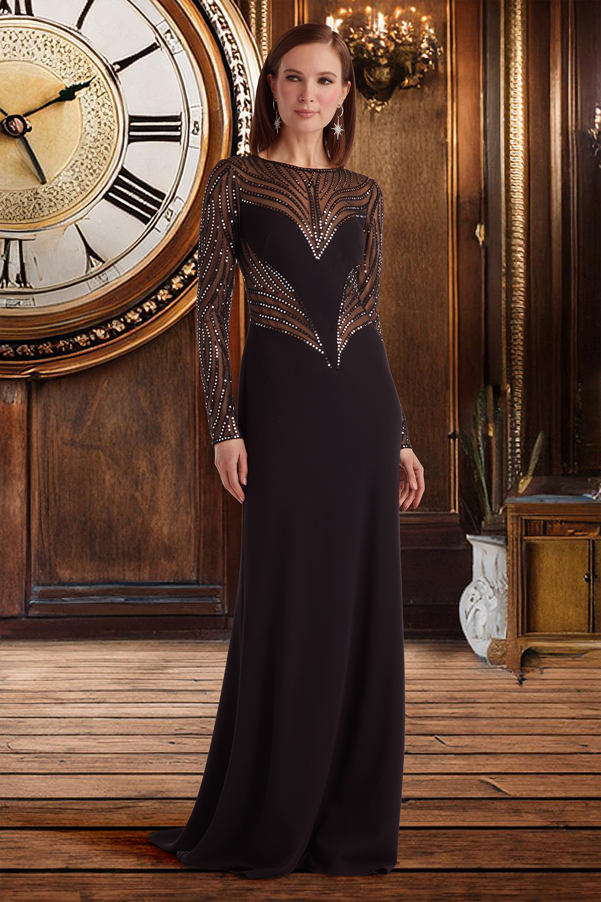 BLACK/SILVER TEXTURED CREPE AND HOURGLASS PAILLETTE EMBROIDERED TULLE LONG SLEEVE GOWN