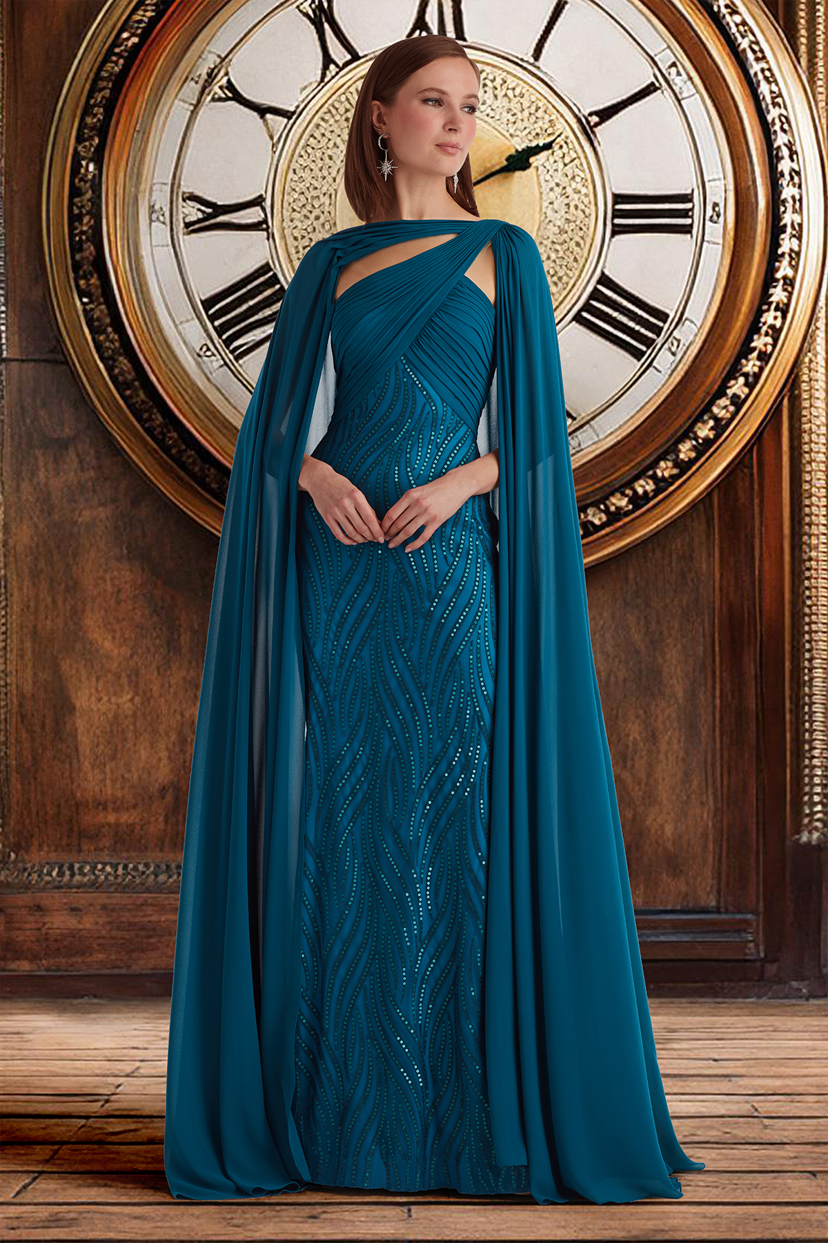 STARRY NIGHT HOURGLASS PAILLETTE EMBROIDERED TULLE GOWN WITH SWEEPING GEORGETTE CAPE