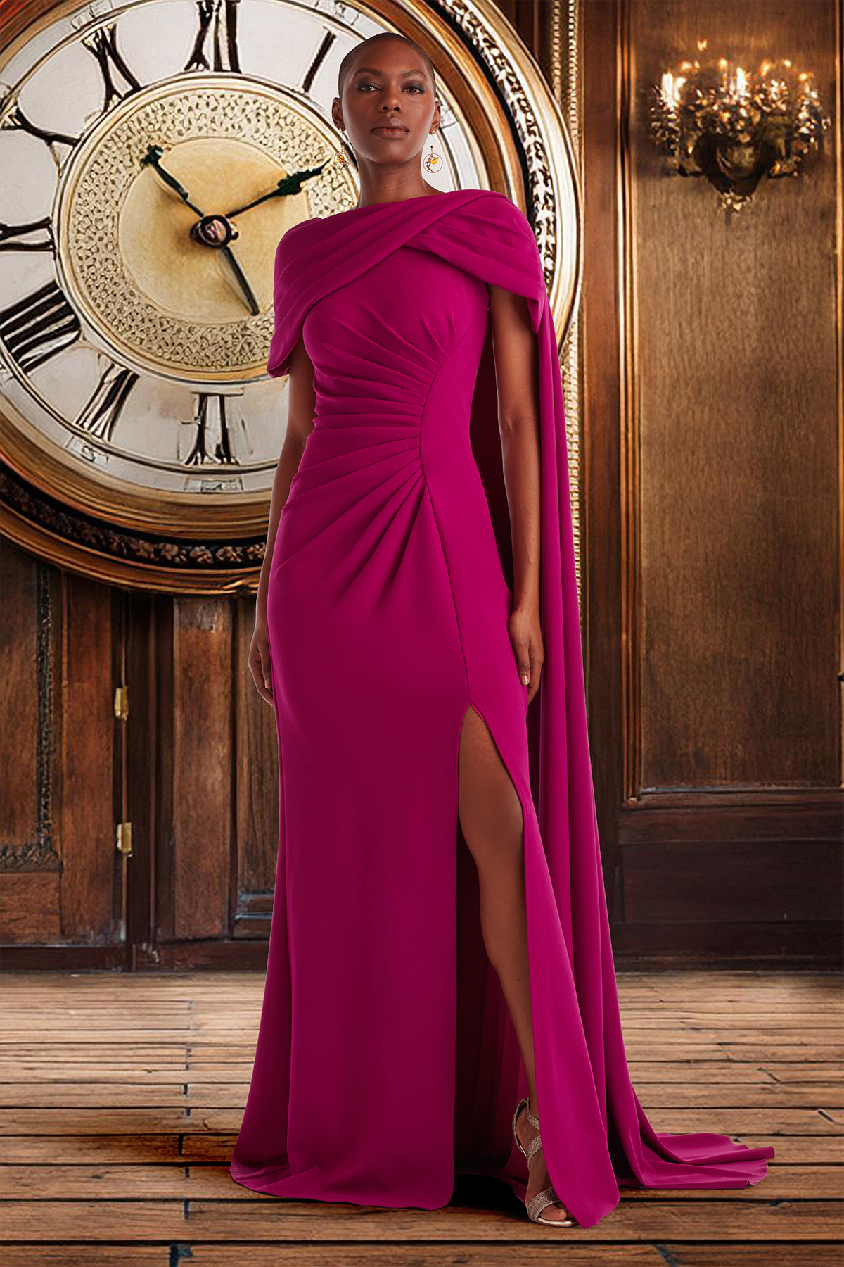 AMETHYST TEXTURED CREPE CAPSLEEVE GOWN WITH SWEEPING SASH