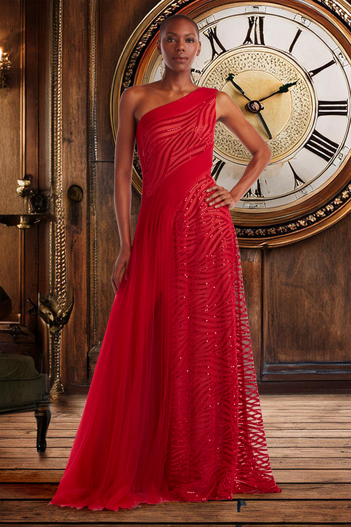 CHERRY HOURGLASS PAILLETTE EMBROIDERED TULLE ONE SHOULDER GOWN