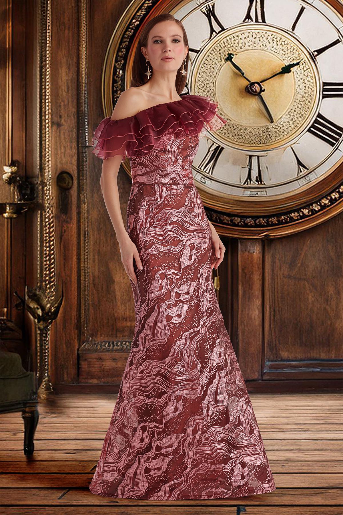 CINNAMON STARDUST MOTIF JACQUARD AND CASCADING ORGANZA OFF-SHOULDER GOWN