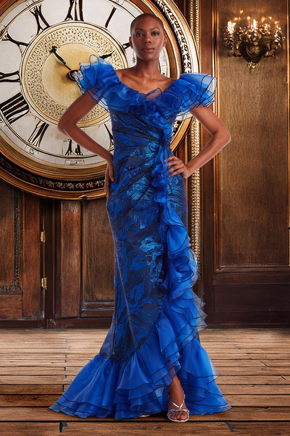 MYSTIC BLUE/BLACK STARDUST MOTIF JACQUARD GOWN WITH CASCADING ORGANZA FLOUNCE