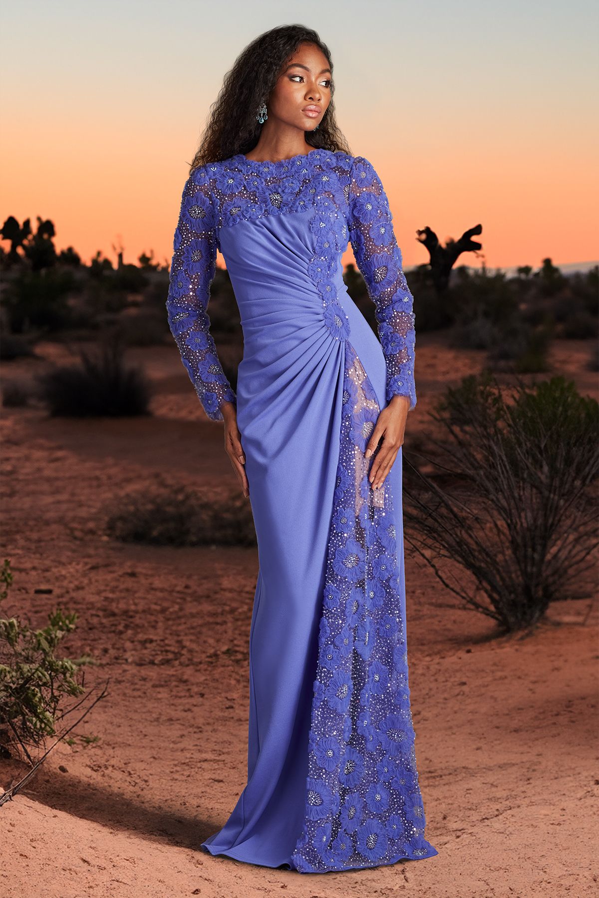 PURPLE HAZE TEXTURED CREPE AND RIBBON FLOWER EMBELISHED TULLE LONG SLEEVE GOWN