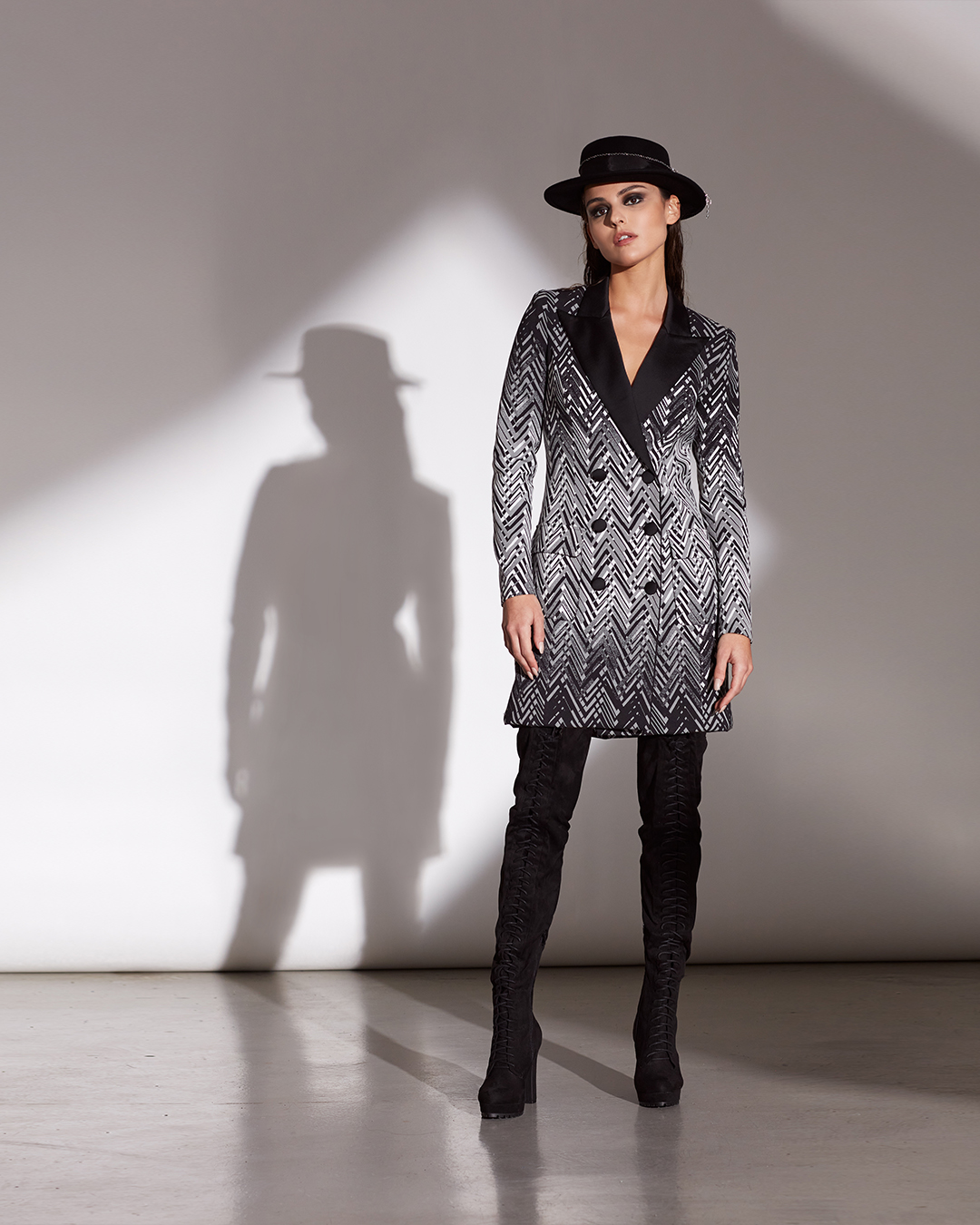 IVORY/BLACK CHEVRON JACQUARD DOUBLE-BREASTED COAT DRESS 