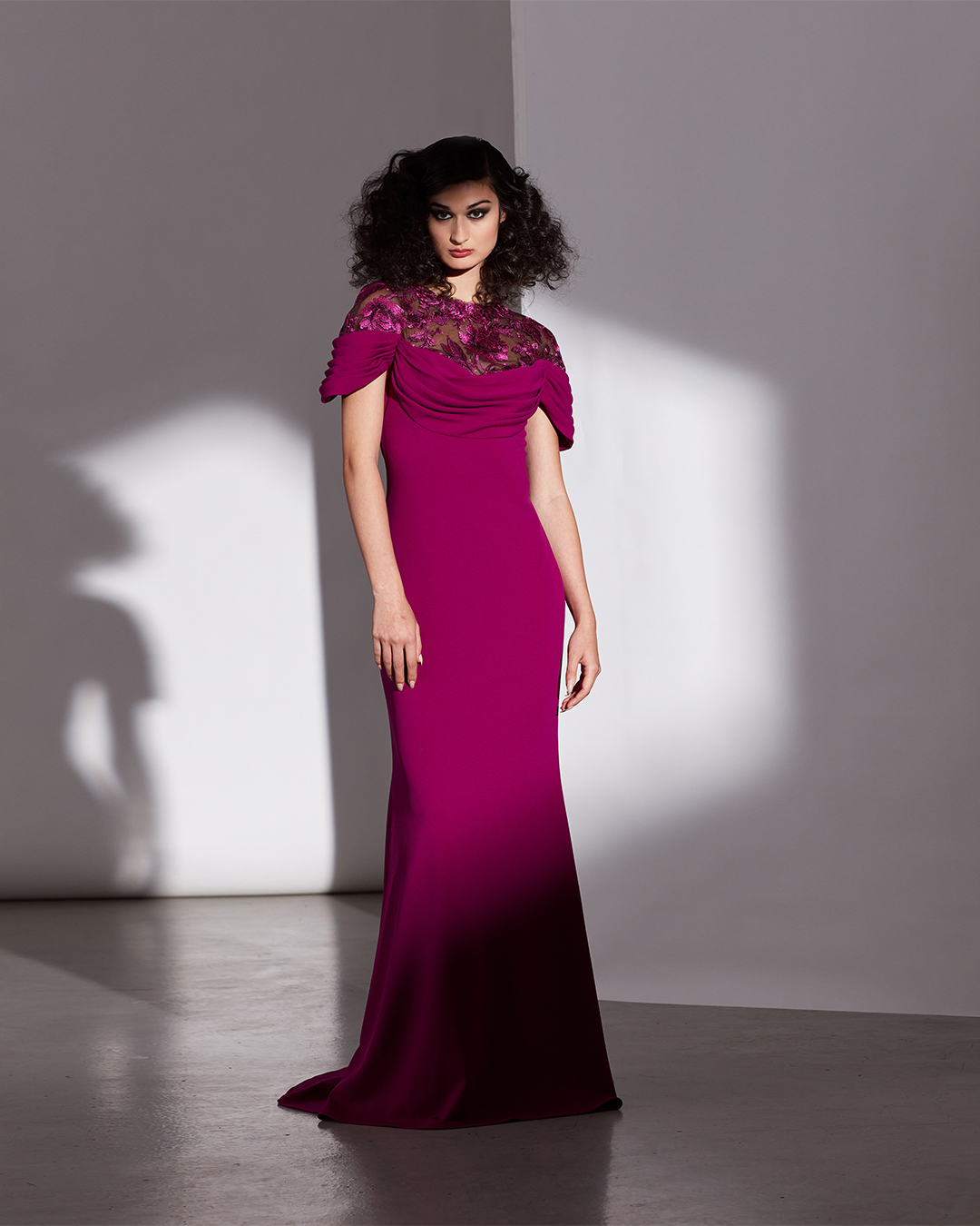 MAGENTA CREPE DRAPED-SLEEVE GOWN WITH EMBROIDERED TULLE ILLUSION NECKLINE
