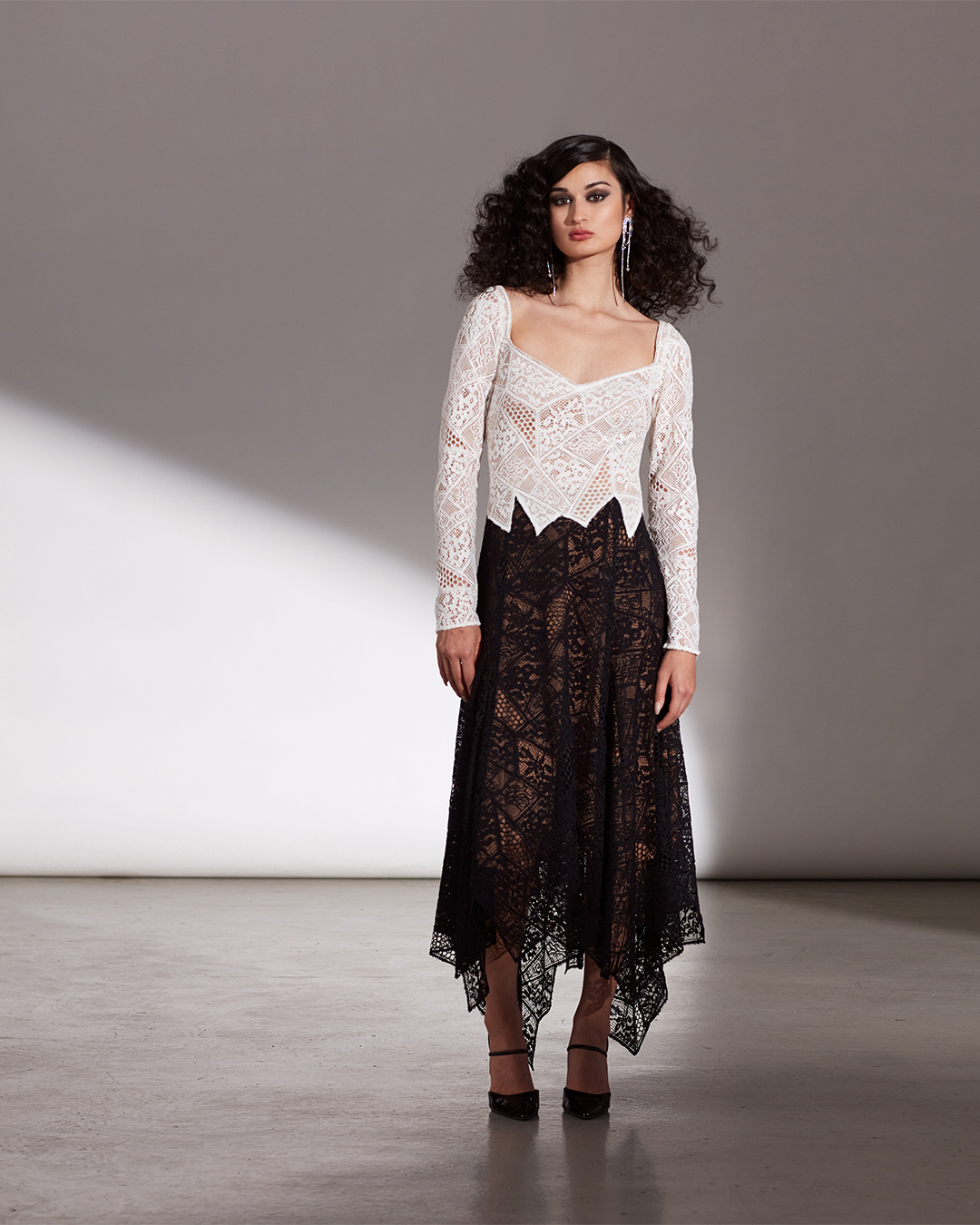 IVORY/BLACK LACE PATCHWORK SWEETHEART NECK LONG SLEEVE DRESS WITH HANDKERCHIEF HEM