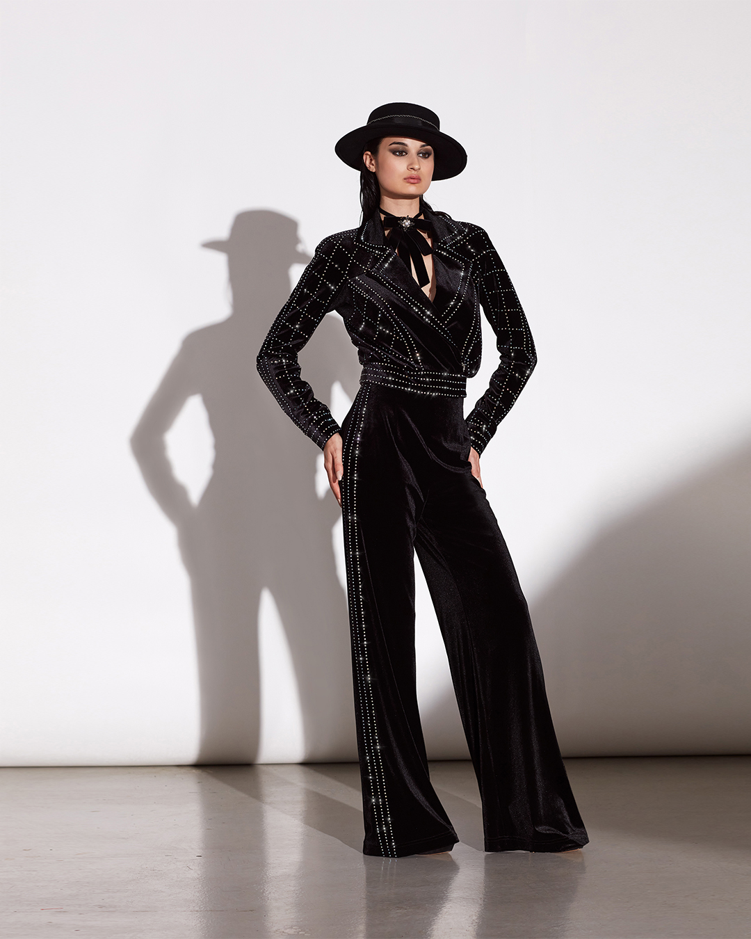 BLACK IRIDESCENT DIAMANTÉ STRETCH VELVET FRONT ZIP NOTCHED COLLAR JACKET PAIRED WITH BLACK IRIDESCENT DIAMANTÉ STRETCH VELVET PANTS