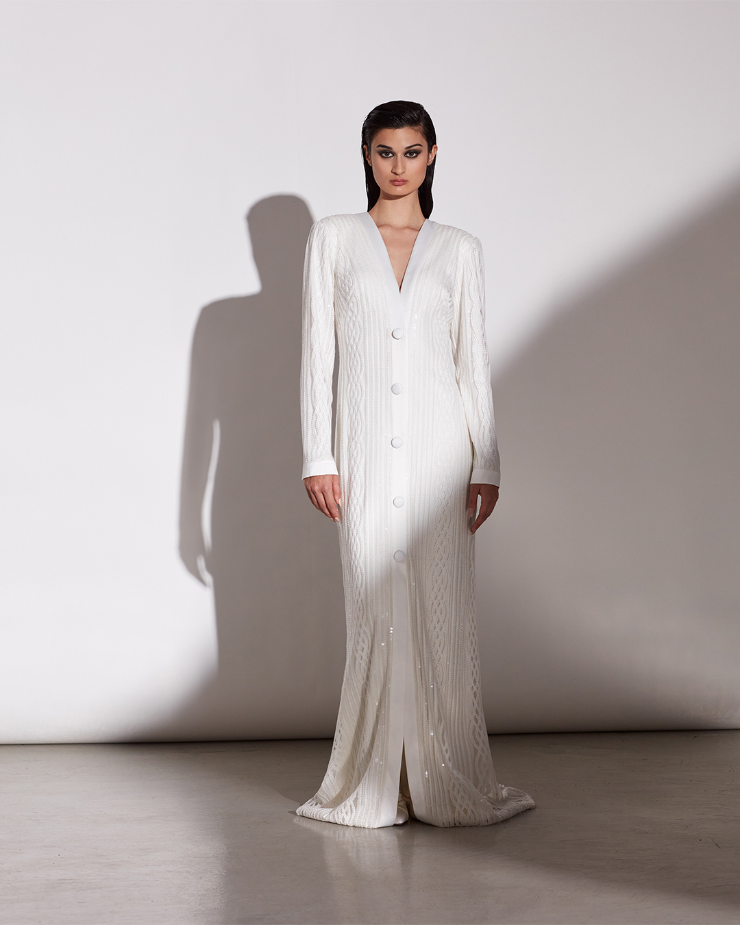 IVORY SEQUIN AND BRAID EMBROIDERED TULLE LONG SLEEVE DRESS WITH SNAP BUTTON CLOSURE