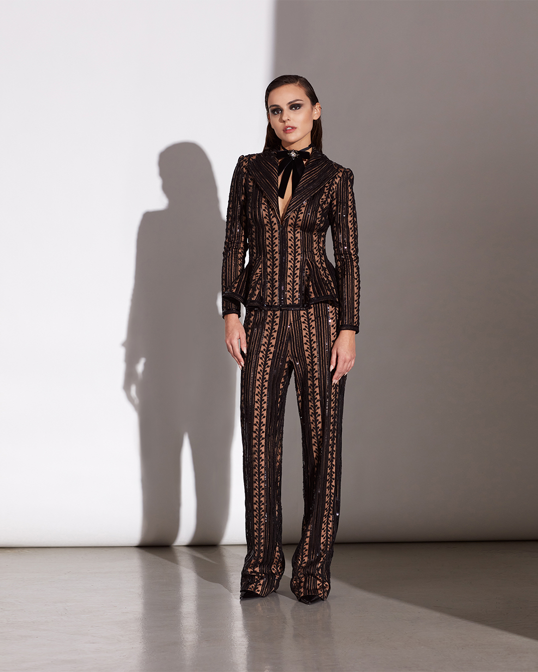 BLACK/NUDE SEQUIN AND BRAID EMBROIDERED TULLE LONG SLEEVE PEPLUM BLAZER WITH MATCHING PANT