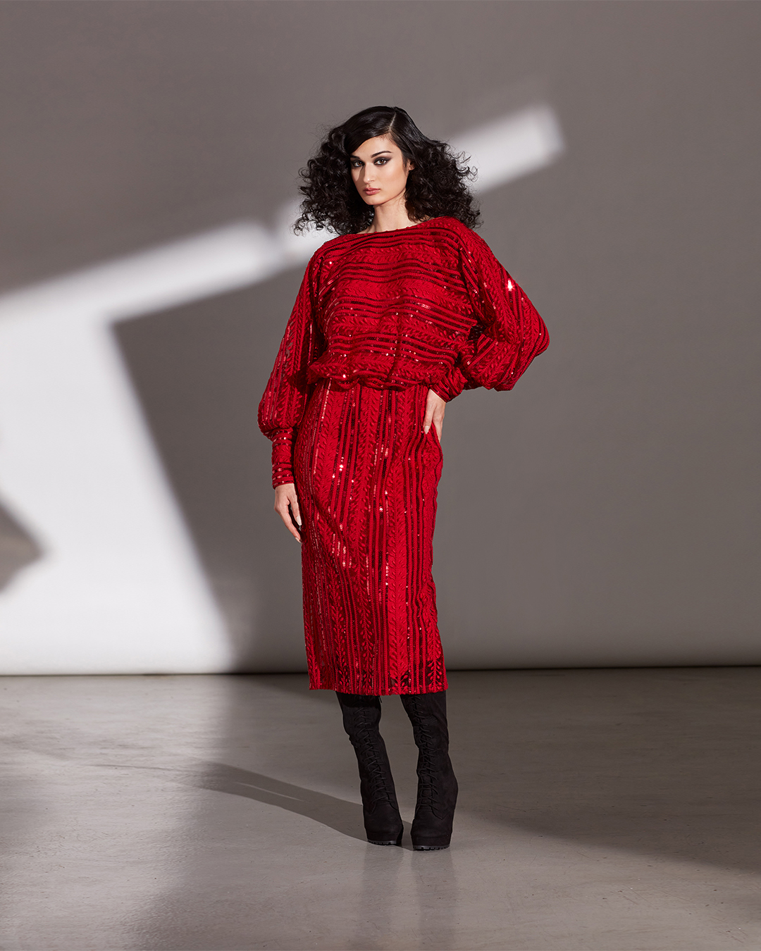 LAVA RED SEQUIN AND BRAID EMBROIDERED TULLE BISHOP SLEEVE DRESS WITH BLOUSON WAIST AND COWL BACK