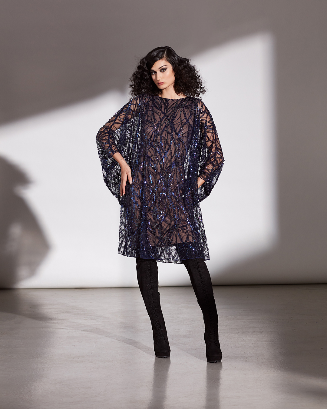 NAVY/NUDE BUGLE BEAD EMBROIDERED TULLE MINI DRESS WITH BATWING SLEEVES