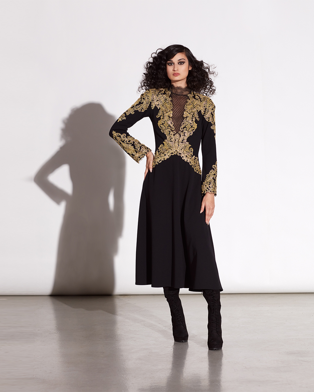 GOLD/BLACK CORD-EMBROIDERED TULLE AND TEXTURED CREPE LONG SLEEVE FLARED MIDI