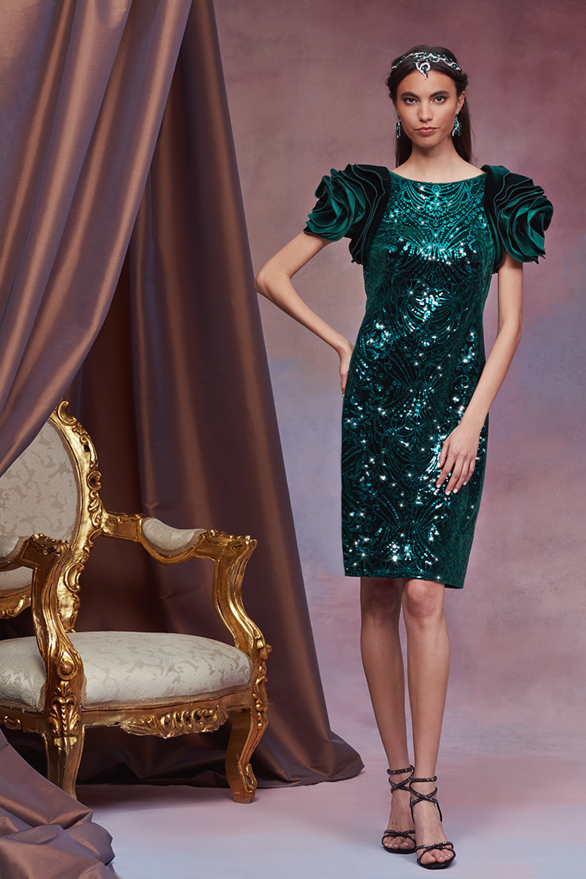 FOREST GREEN PAILLETTE-EMBROIDERED VELVET ROSETTE SHOULDER DRESS