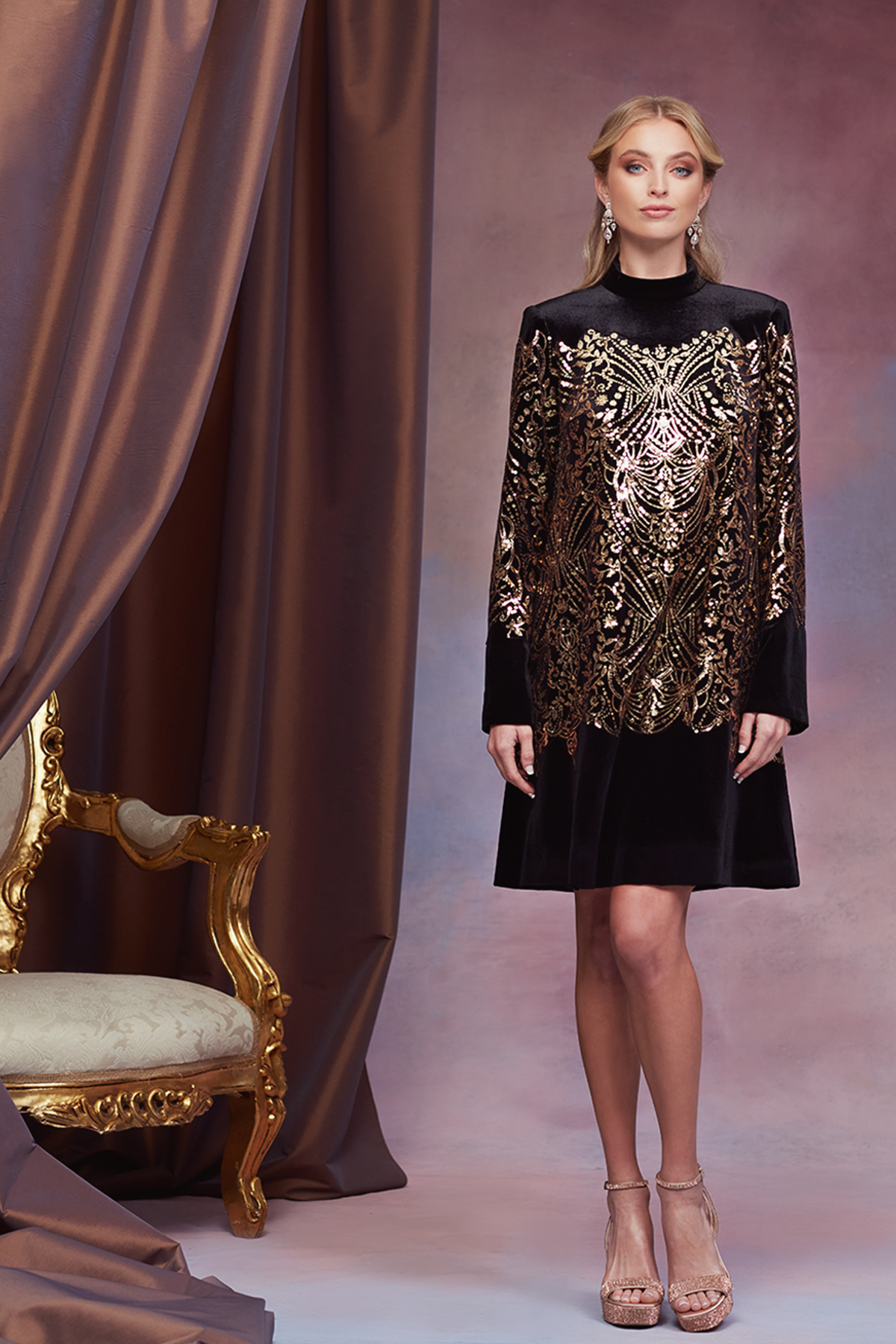 GOLD/BLACK PAILLETTE-EMBROIDERED VELVET MOCK NECK LONG SLEEVE TENT DRESS