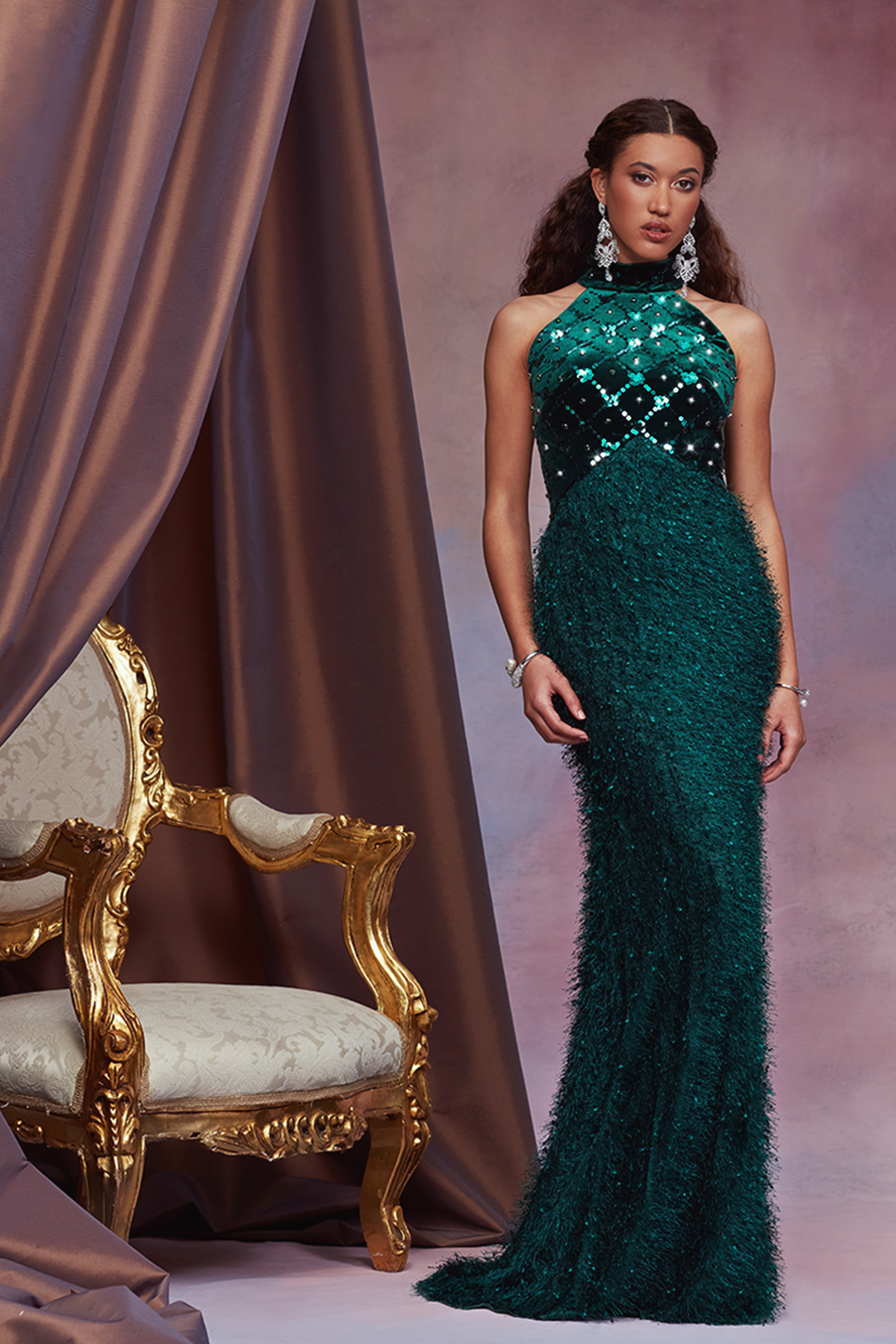 FOREST GREEN GEM AND PAILLETTE EMBELLISHED VELVET AND EYELASH YARN MOCK NECK HALTER GOWN