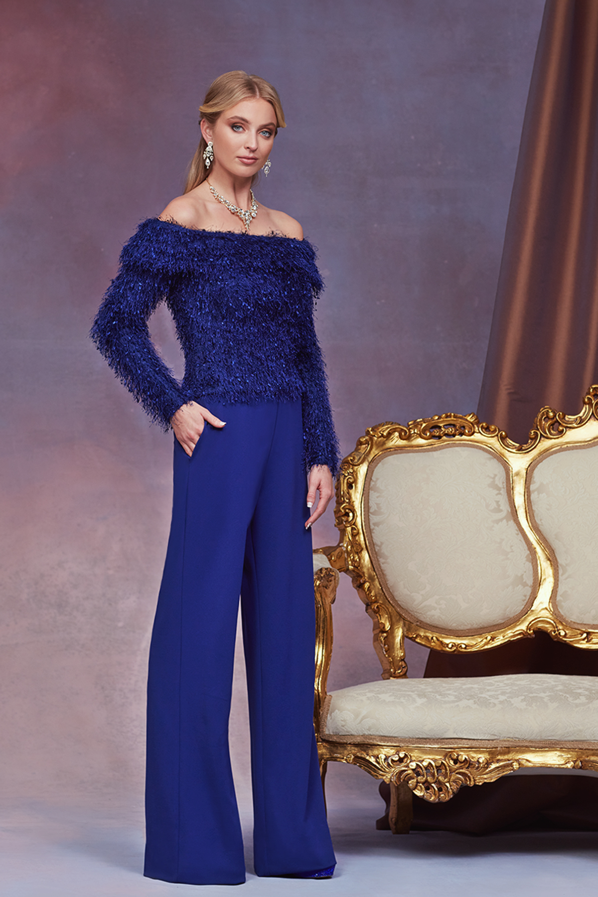 NIGHT BLUE  EYELASH YARN AND TEXTURED CREPE OFF-THE-SHOULDER LONG SLEEVE JUMPSUIT