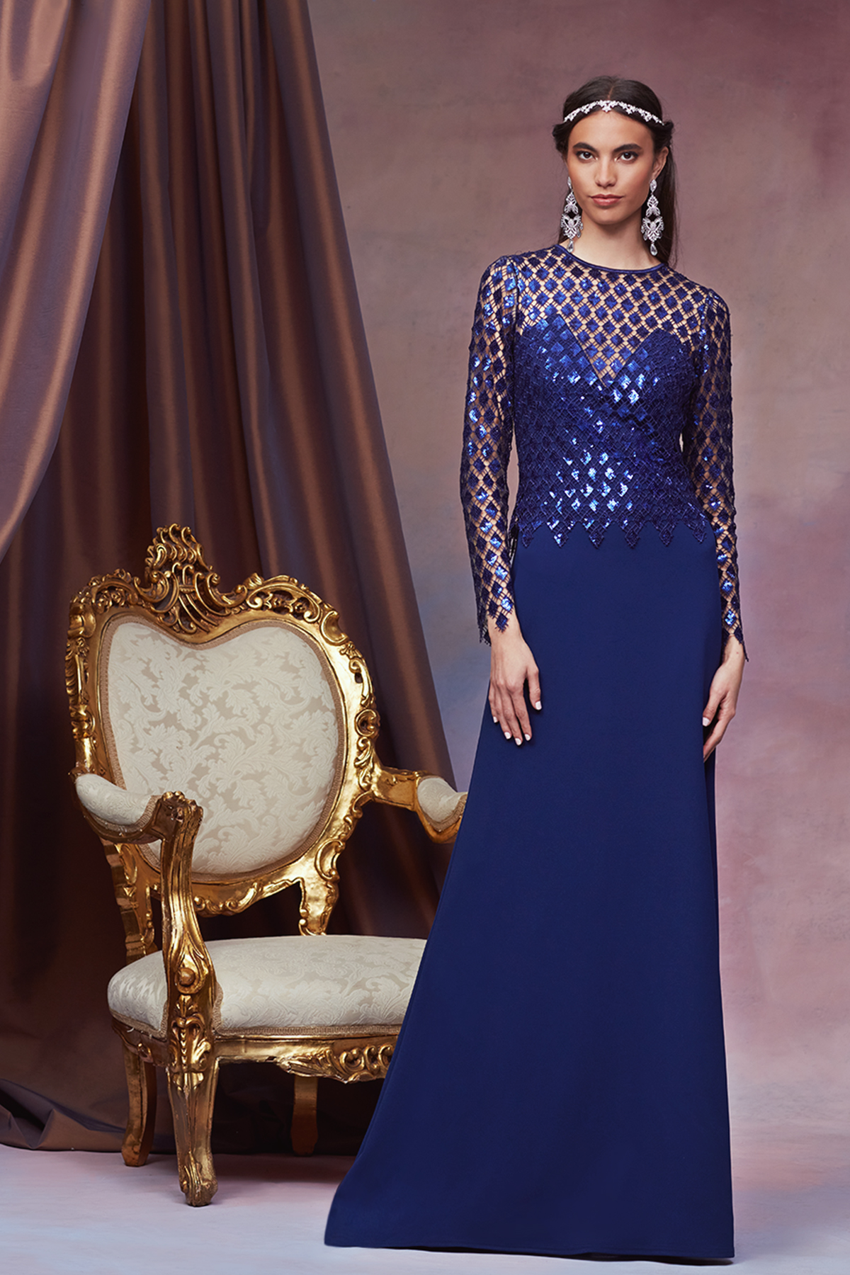 MIDNIGHT DIAMOND-MOTIF PAILLETTE LACE AND TEXTURED CREPE LONG SLEEVE ILLUSION GOWN