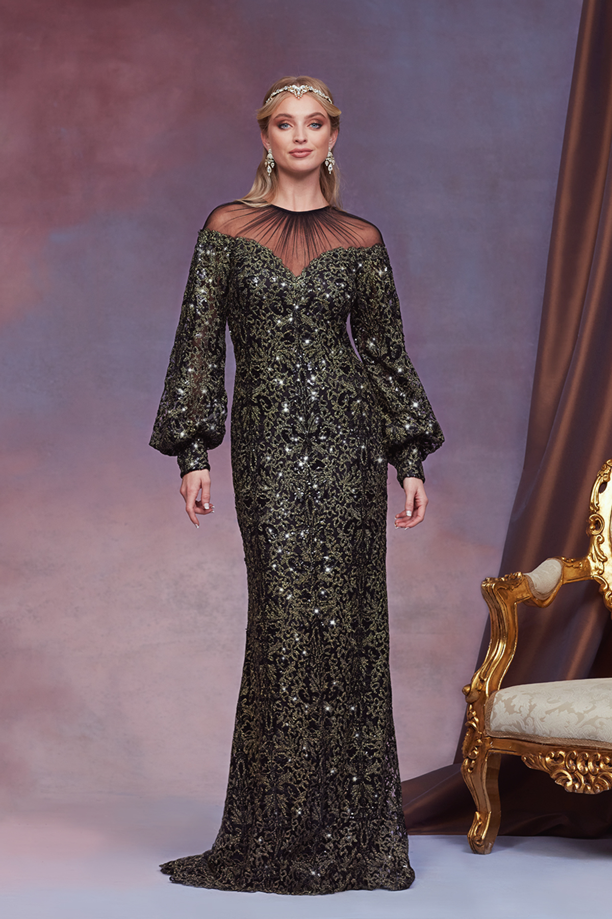 GOLD/BLACK BOTANICAL-MOTIF PAILLETTE-EMBROIDERED TULLE BISHOP SLEEVE GOWN WITH SUNBURST ILLUSION SHEER NECKLINE