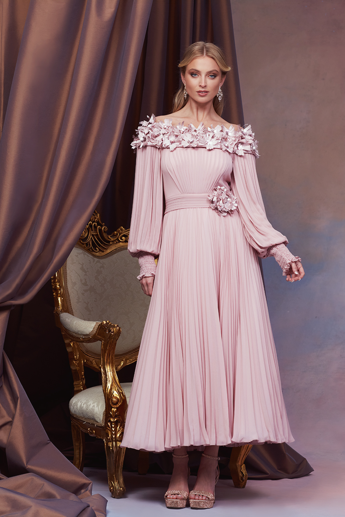 MAUVE  SUNBURST-PLEATED GEORGETTE OFF-THE-SHOULDER BISHOP SLEEVE FLARED MIDI DRESS WITH BARONET SATIN FLOWERS