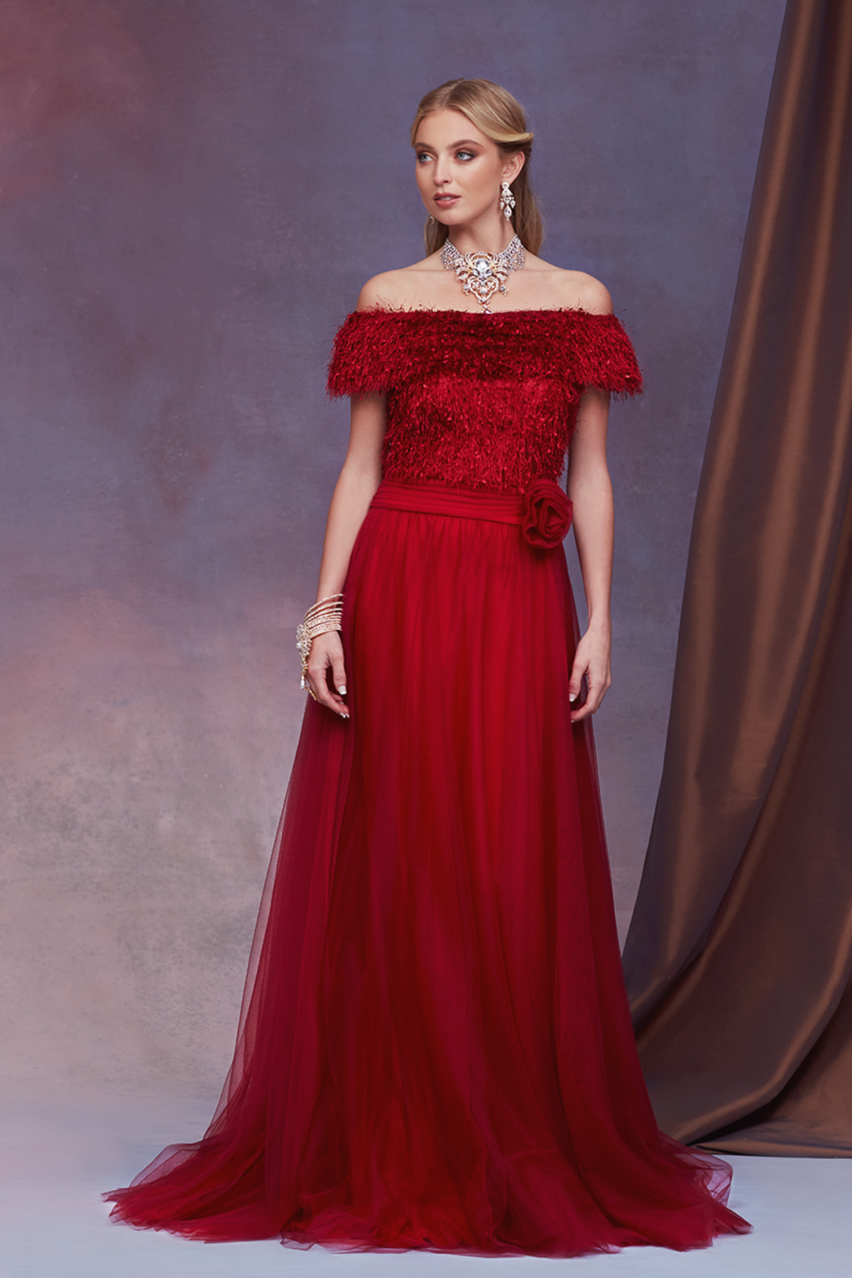 WINE EYELASH YARN AND TULLE OFF-THE-SHOULDER SHORT SLEEVE FULL-SKIRTED GOWN 
