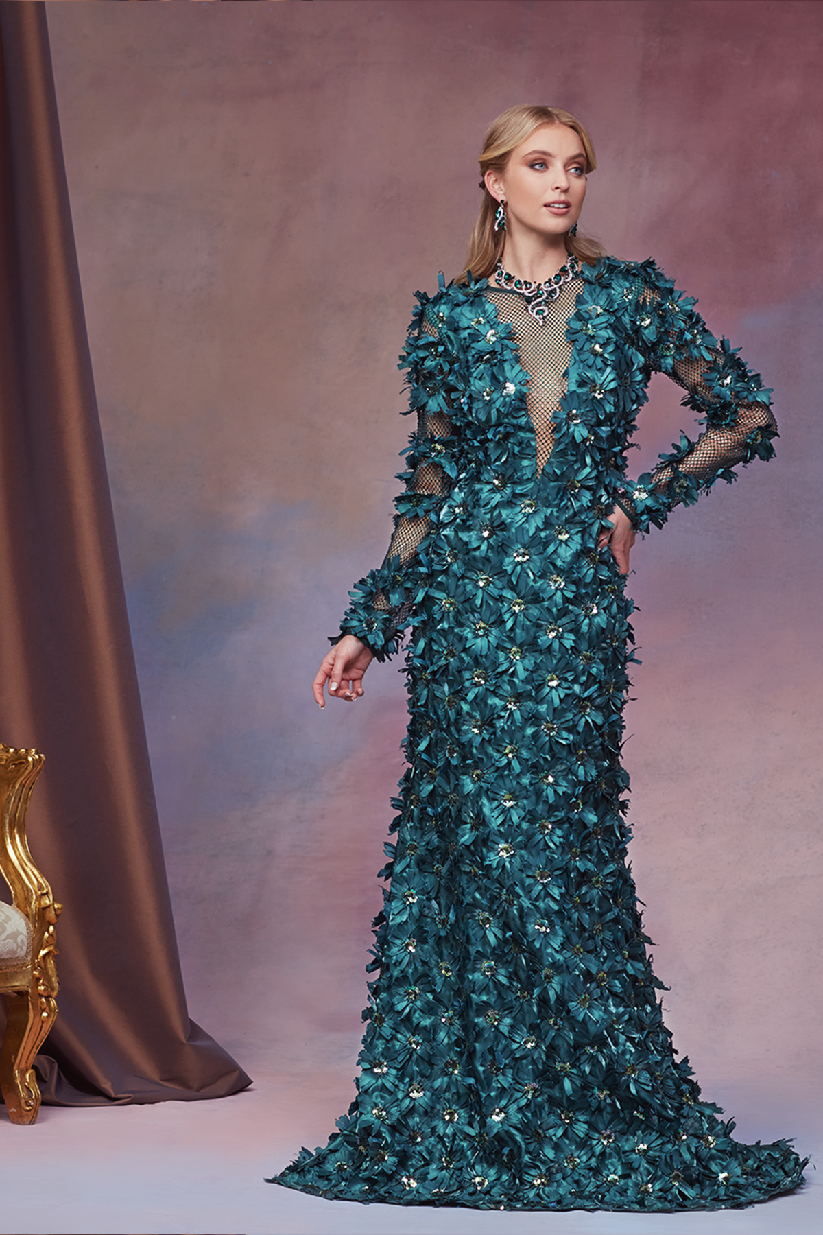 FOREST GREEN BARONET SATIN FLOWER AND DIAMANTE TULLE V-PLUNGE ILLUSION LONG SLEEVE GOWN