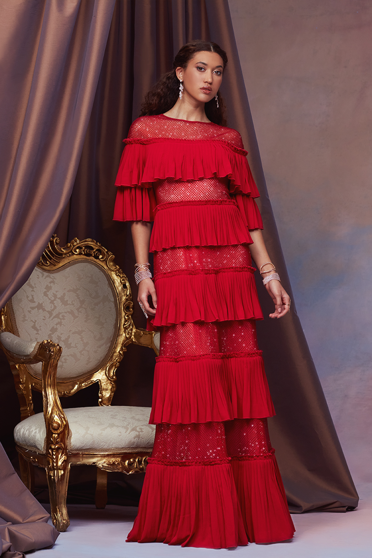 GERENIUM DIAMANTE TULLE TIERED SLEEVE ILLUSION GOWN WITH CRYSTAL PLEATED GEORGETTE TIERS