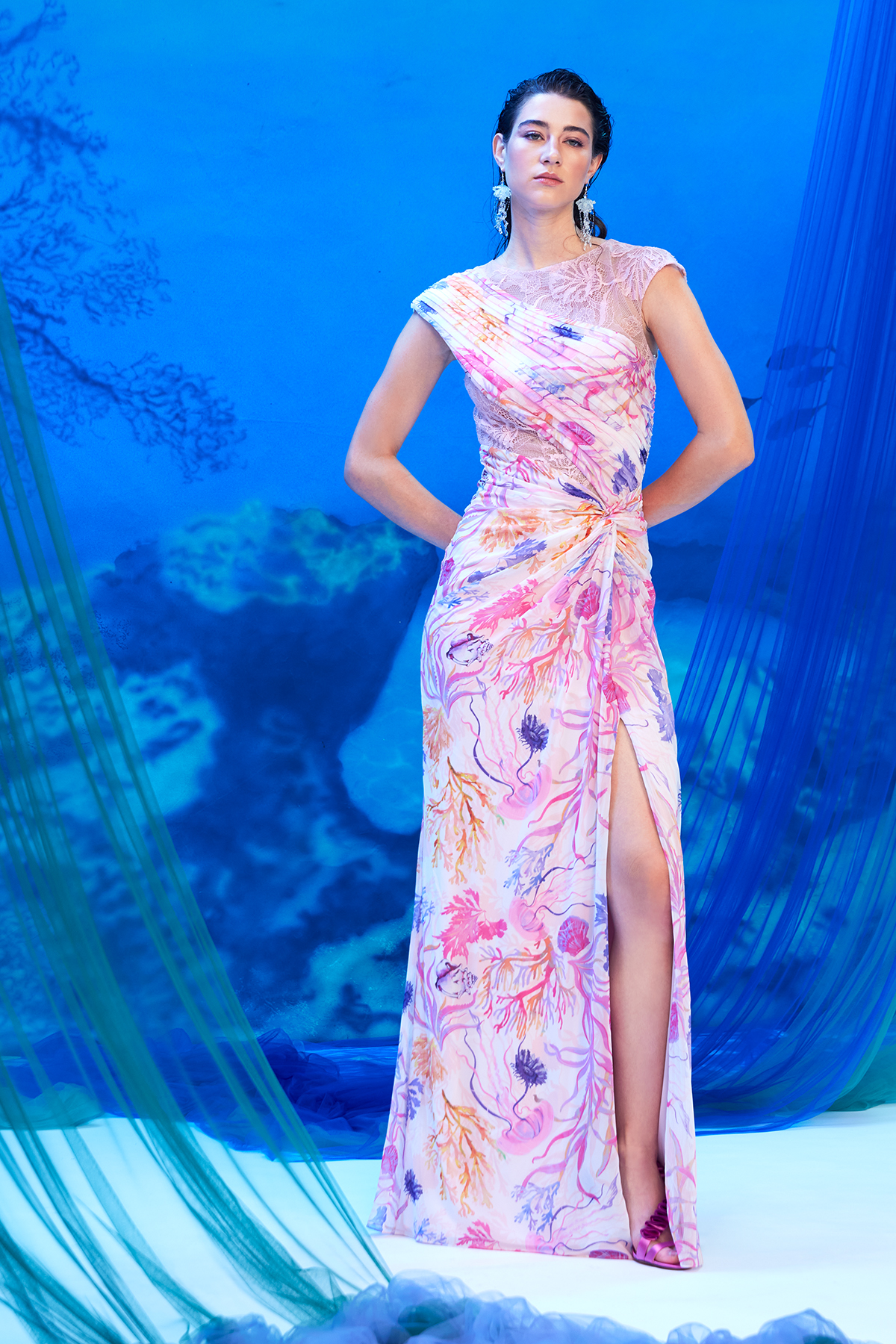 PALE PINK UNDER-THE-SEA WATERCOLOR PRINT CHIFFON CAP SLEEVE DRAPED GOWN WITH LACE INSETS AND HIGH SLIT 