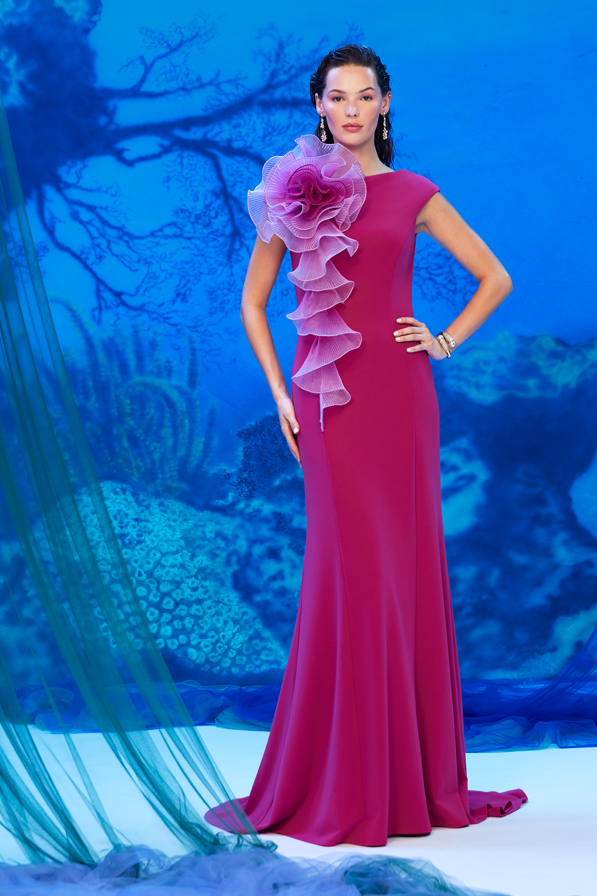 WATER LILY TEXTURED CREPE BOATNECK CAP SLEEVE GOWN WITH STATEMENT FLORAL BLOOM 