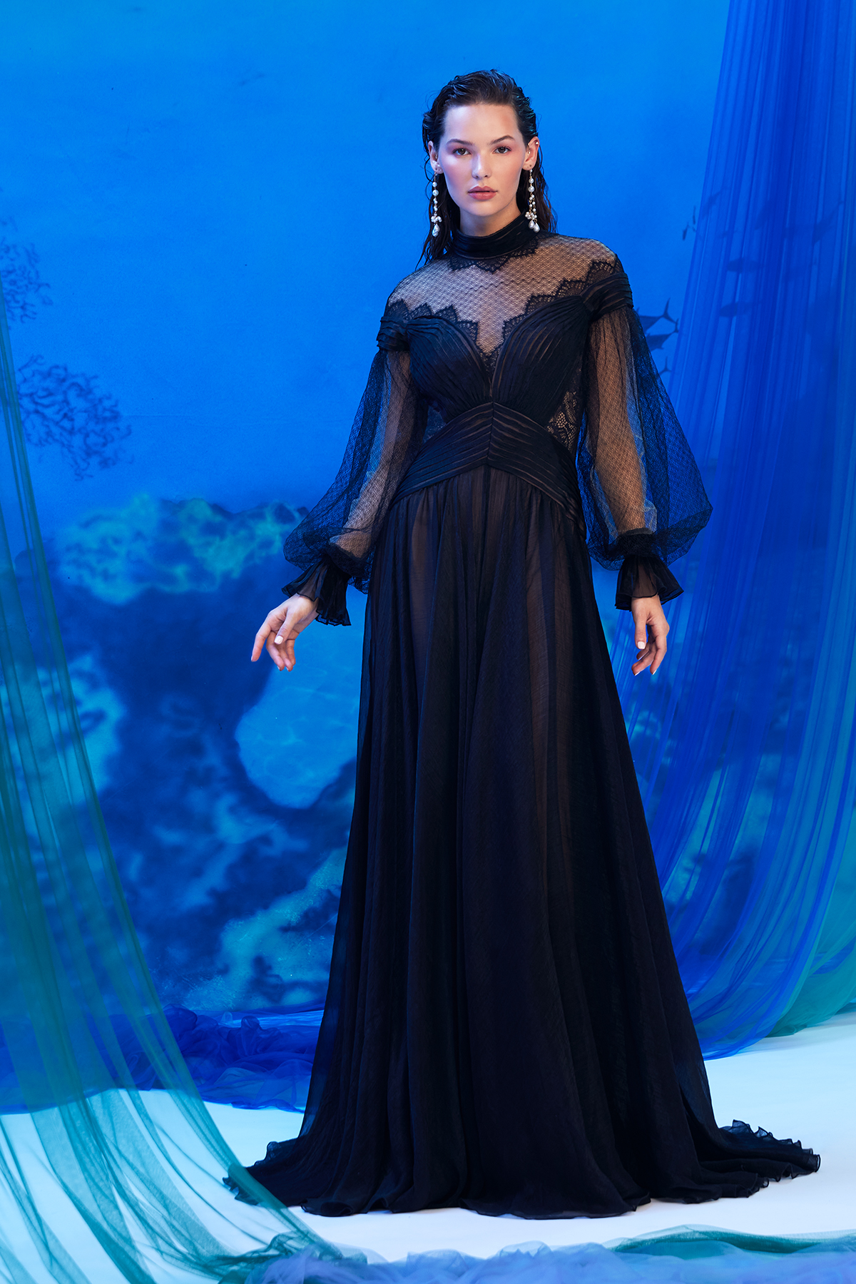 BLACK NUDE SCALLOP LACE AND CRINKLE CHIFFON MOCK NECK BISHOP SLEEVE PLEATED BODICE ILLUSION GOWN