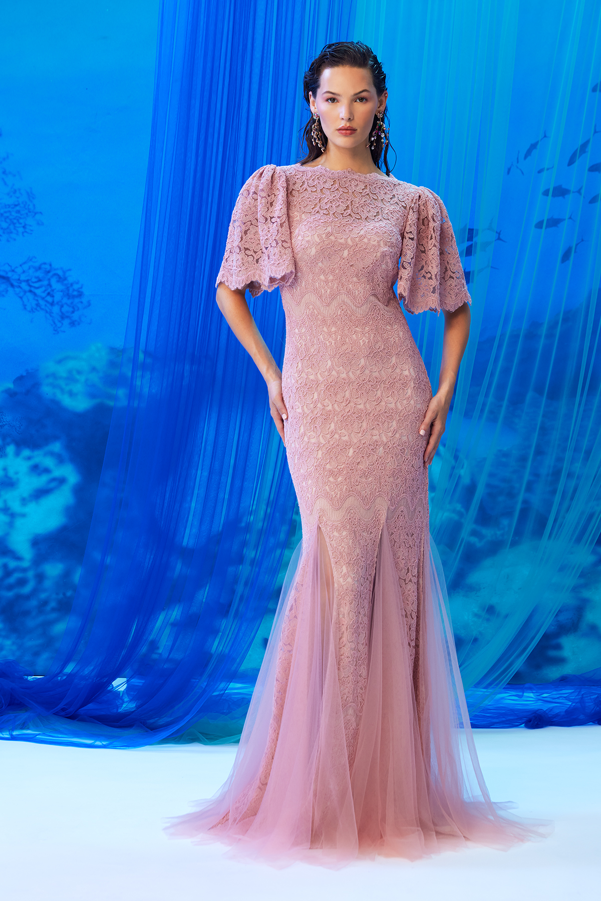 ANTIQUE PINK CORD-EMBROIDERED TULLE BOATNECK FLUTTER SLEEVE ILLUSION GOWN WITH TULLE GODETS