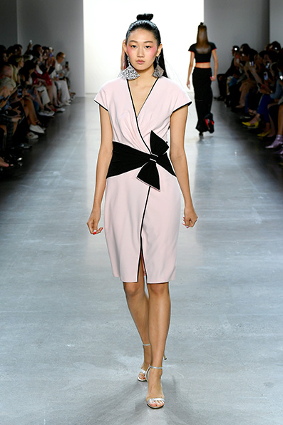 PINK TEXTURED CREPE CAP SLEEVE V-NECK DRESS WITH BLACK OBI KNOT DETAIL