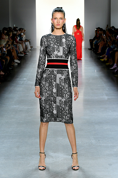 BLACK/ IVORY KIMONO FLORAL LACE LONG-SLEEVE DRESS WITH BLACK AND RED TEXTURED CREPE OBI BELT 
