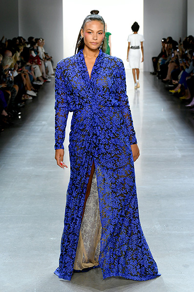 DEEP VIOLET/ BLACK FLORAL FLAKE EMBROIDERED TULLE LONG-SLEEVE V-NECK GOWN WITH FRONT SLIT DETAIL