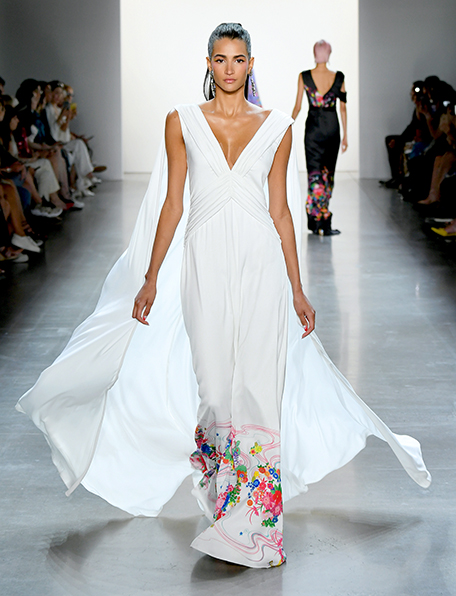 IVORY KIMONO FLORAL PRINT CREPE SLEEVELESS V-NECK GOWN WITH SWEEPING CAPE DETAIL