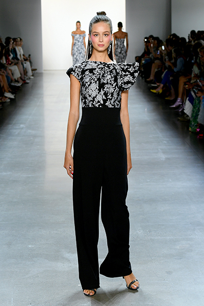 BLACK/IVORY JAPANESE BOUQUET STRETCH JACQUARD STRAPLESS JUMPSUIT