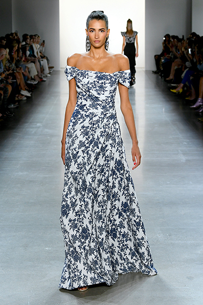 NAVY/ IVORY JAPANESE BOUQUET STRETCH JACQUARD OFF-THE-SHOULDER DRAPED GOWN