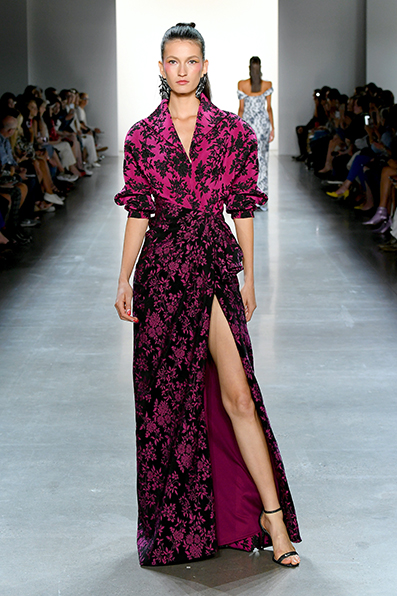 BLOSSOM JAPANESE BOUQUET STRETCH JACQUARD WING COLLAR GOWN WITH CONTRAST SKIRT DETAIL