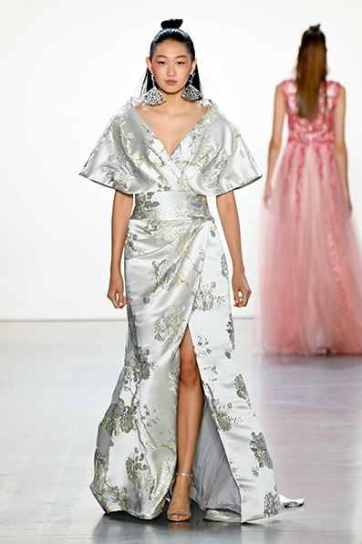 ICE NISHIJIN-ORI LIKE BROCADE KIMONO DRAPED WRAPPED GOWN WITH SWEEPING TRAIN
