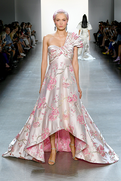 BLOSSOM NISHIJIN-ORI LIKE BROCADE PUFFED ONE-SHOULDER HIGH LOW GOWN WITH SWEEPING TRAIN