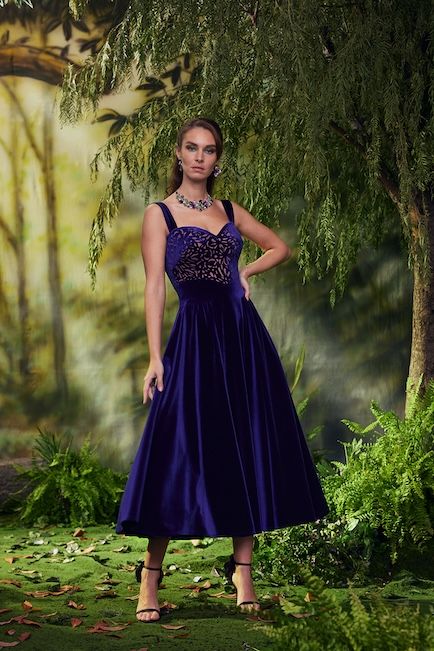 ROYAL PURPLE LASER CUT VELVET SLEEVELESS TEA-LENGTH DRESS