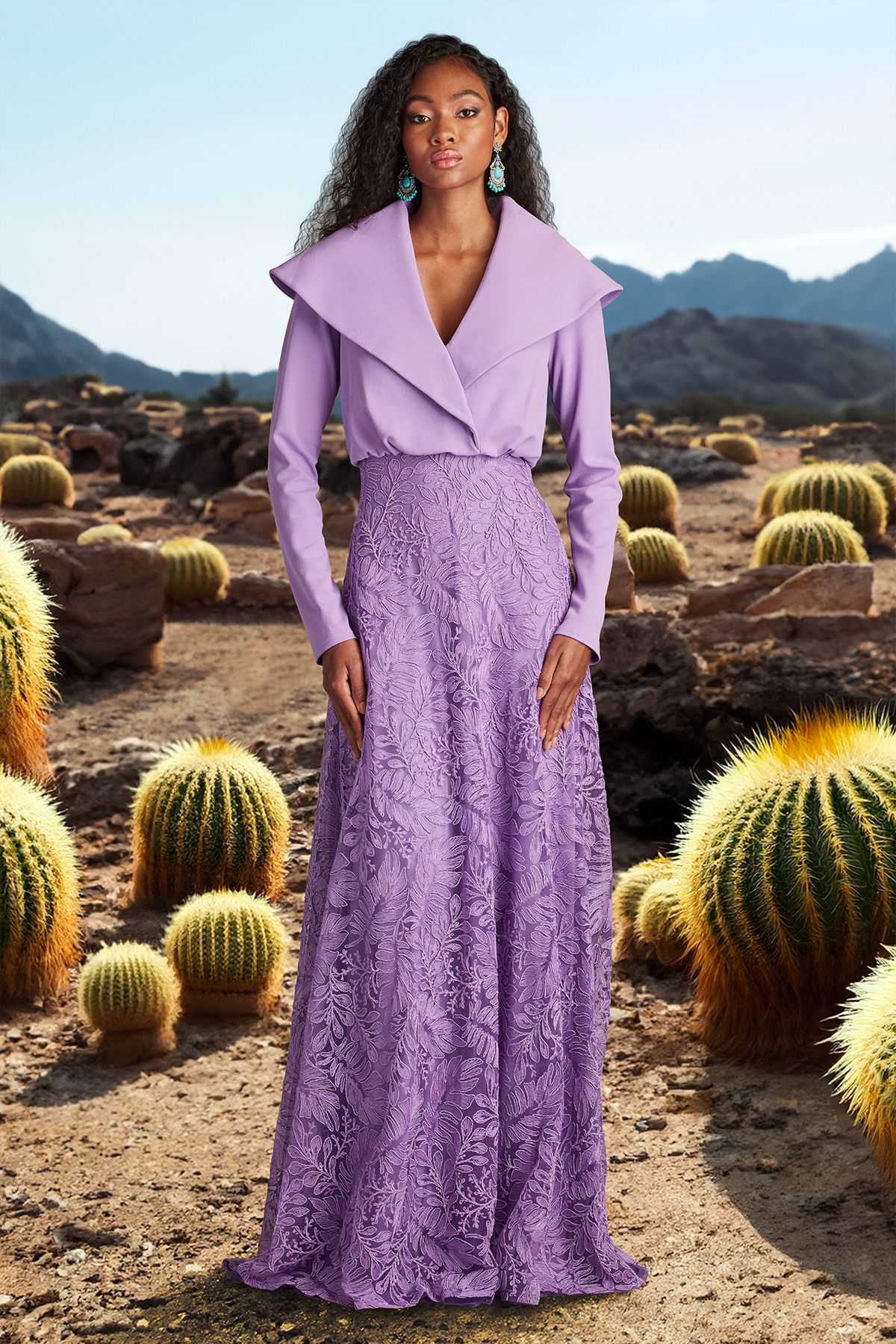 PURPLE HAZE TEXTURED CREPE AND CORD EMBROIDERED TULLE LONG SLEEVE A-LINE GOWN WITH STANDING PORTRAIT COLLAR
