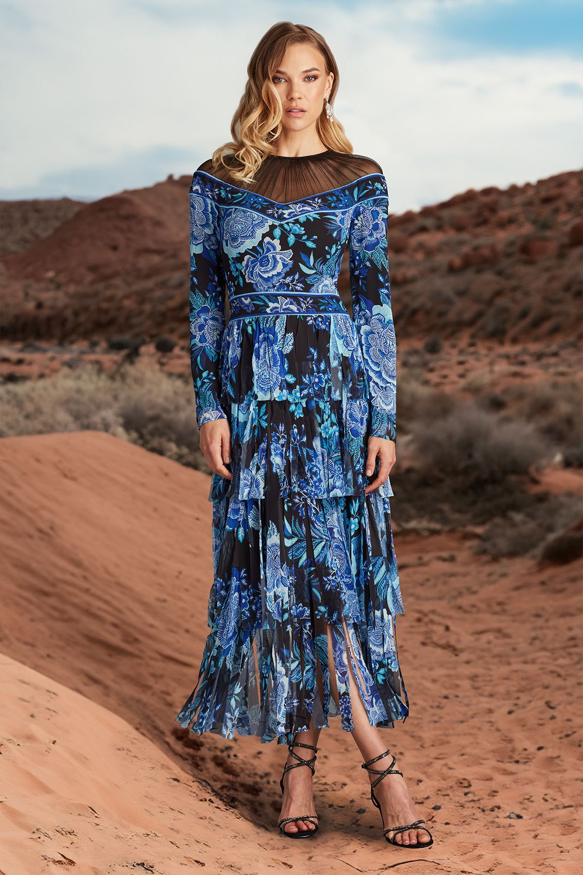 COLOR FRINGE CUT FLORAL PRINT GEORGETTE LONG SLEEVE MIDI DRESS WITH SUNBURST ILLUSION NECKLINE