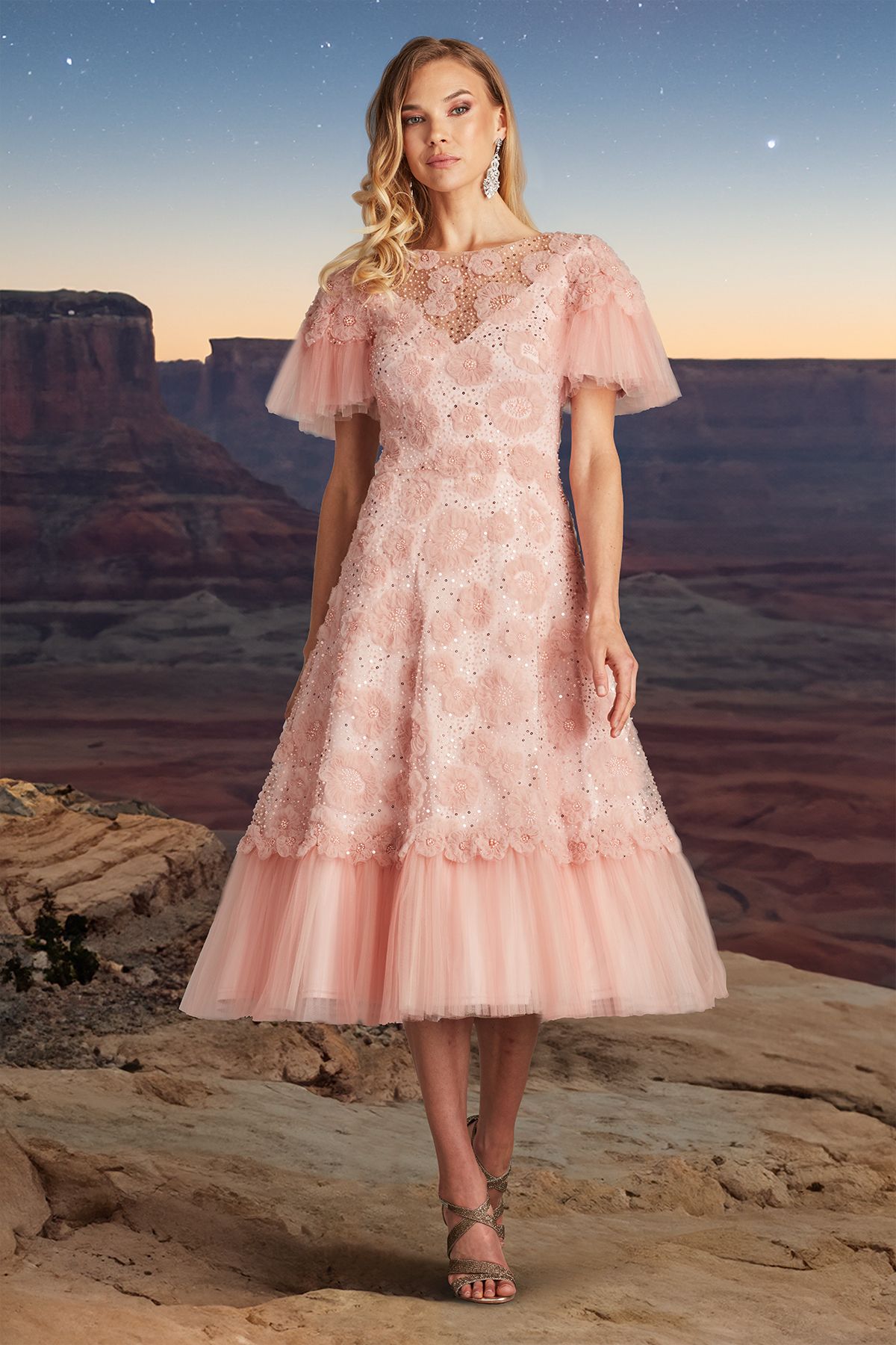 ADOBE BLUSH RIBBON FLOWER EMBELISHED TULLE TEA-LENGTH DRESS WITH FLUTTER SLEEVES