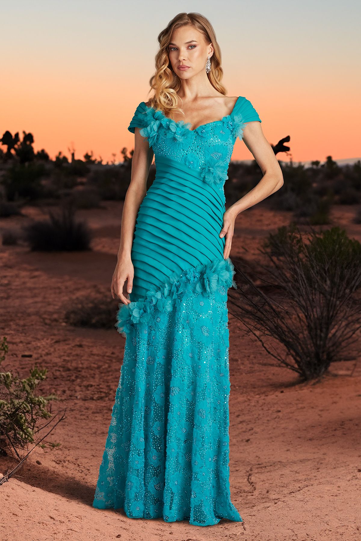 DUSTY TEAL TEXTURED CREPE AND RIBBON FLOWER EMBELISHED TULLE CAP SLEEVE GOWN WITH 3D FLORAL DETAILS