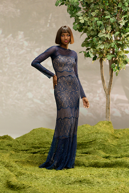 MIDNIGHT/NUDE LACE LONG SLEEVE GOWN WITH ILLUSION DETAILS 